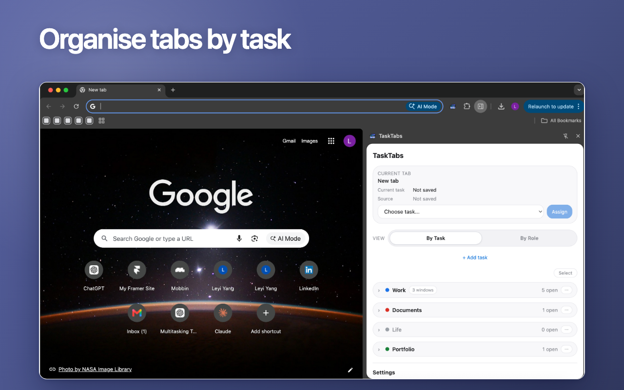 TaskTabs organise tabs by task