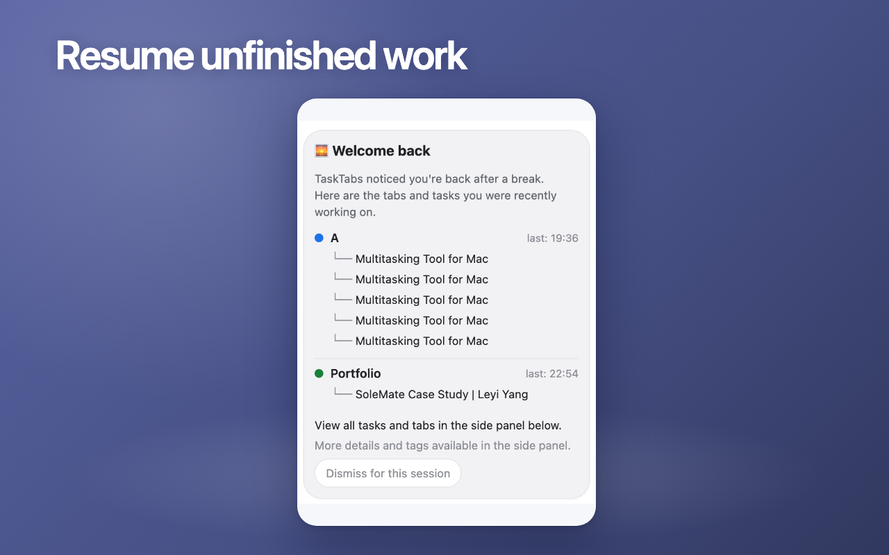 TaskTabs resume unfinished work