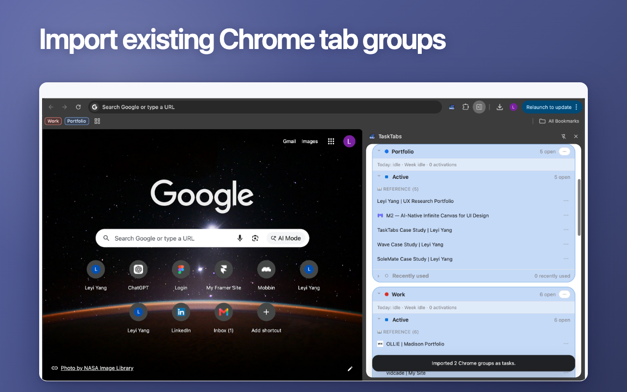 TaskTabs import existing Chrome tab groups