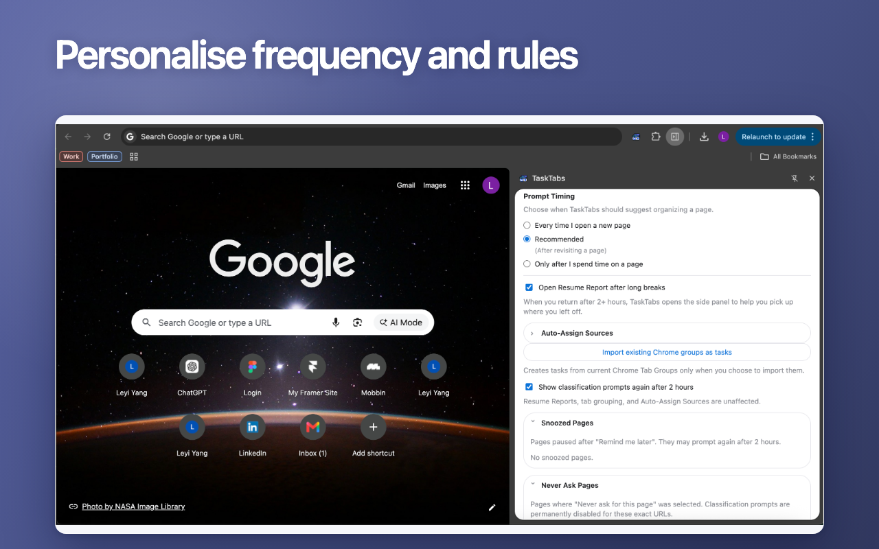 TaskTabs personalise frequency and rules